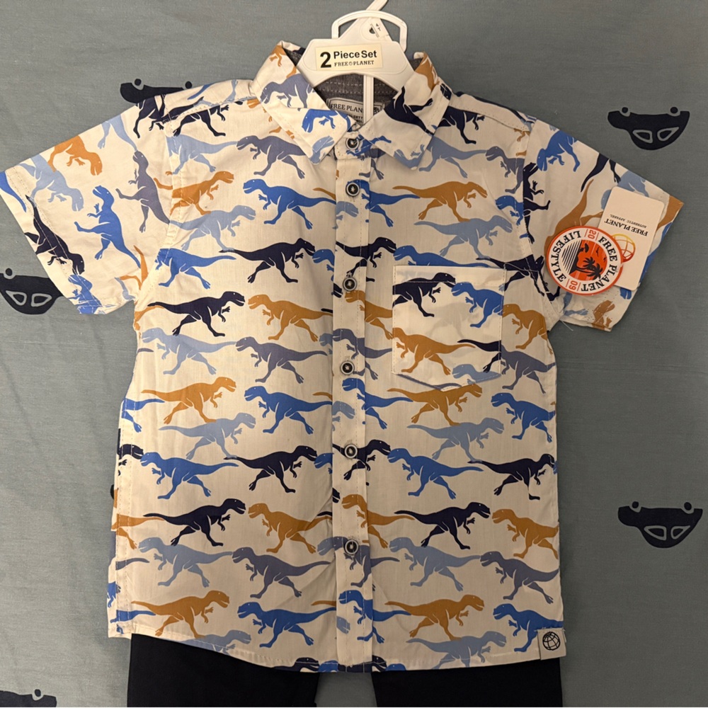 Free Planet Blue and Brown Dinosaur Print Button Down Shirt and Pants 4T